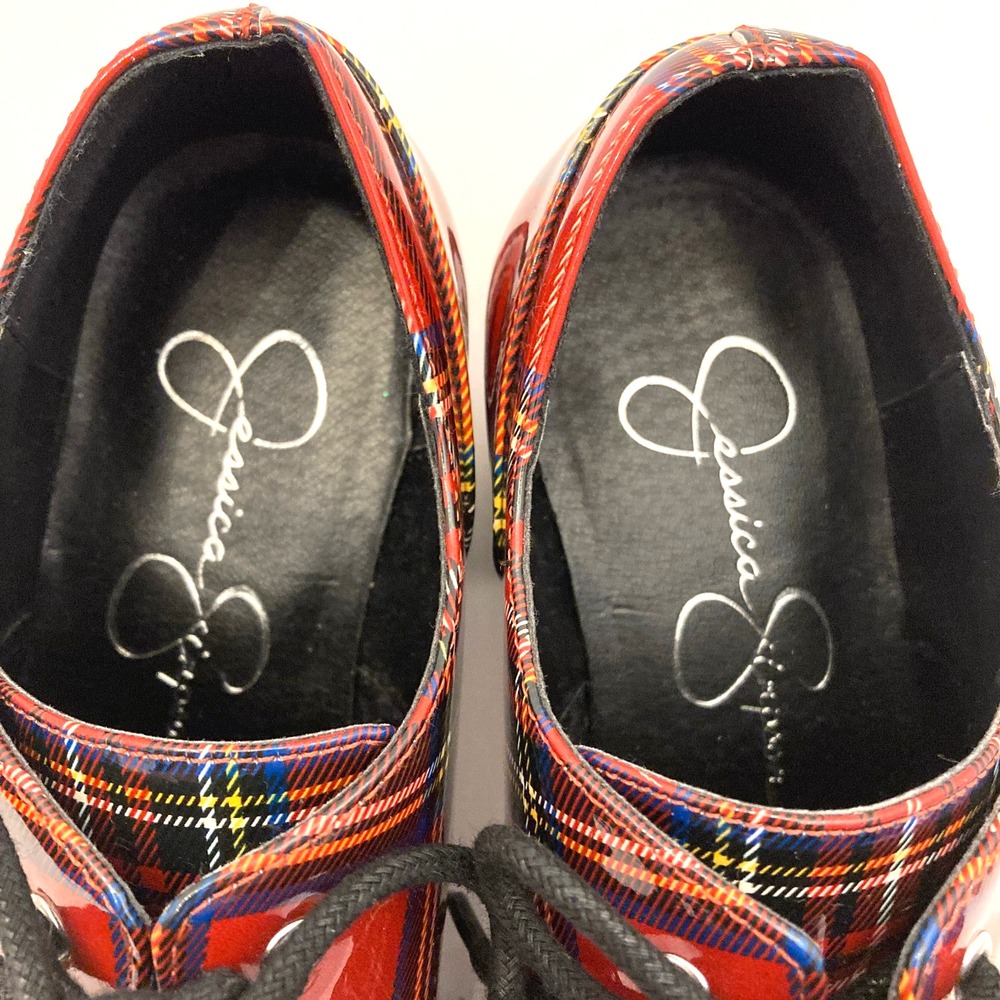 Jessica Simpson Resina Heeled Oxfords Red Plaid Patent Faux Leather Womens 7 M - Picture 5 of 11